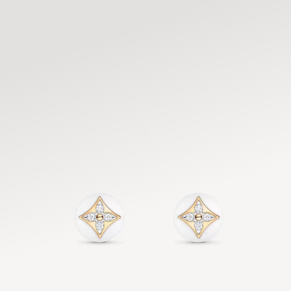 Color Blossom Studs, Yellow Gold, White Gold, White Agate And Diamonds Color Blossom Studs, Yellow Gold, White Gold, White Agate And Diamonds