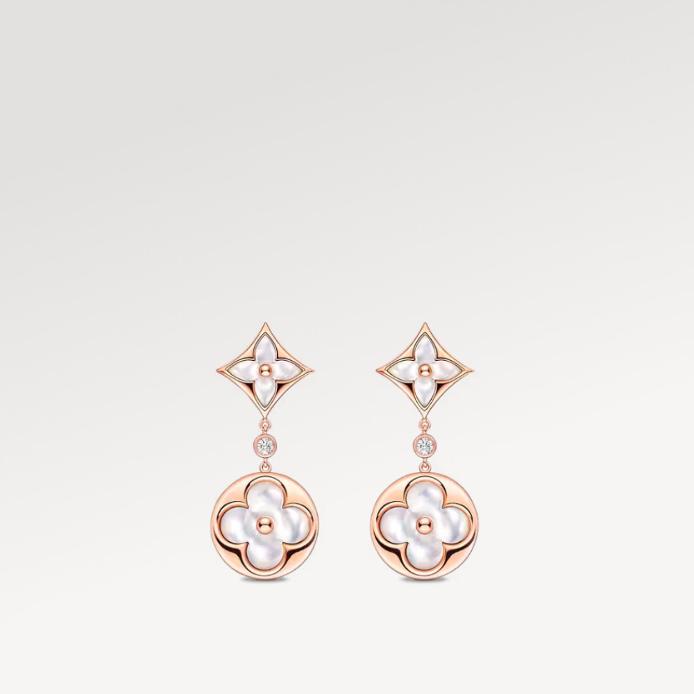 Color Blossom Long Earrings, Pink Gold, White Mother-Of-Pearl And Diamonds Color Blossom Long Earrings, Pink Gold, White Mother-Of-Pearl And Diamonds