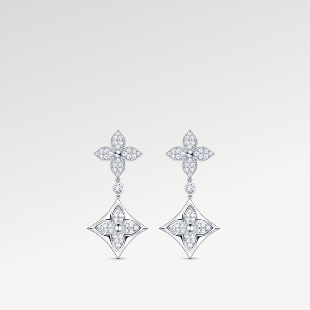 Color Blossom Long Earrings, White Gold And Diamonds
