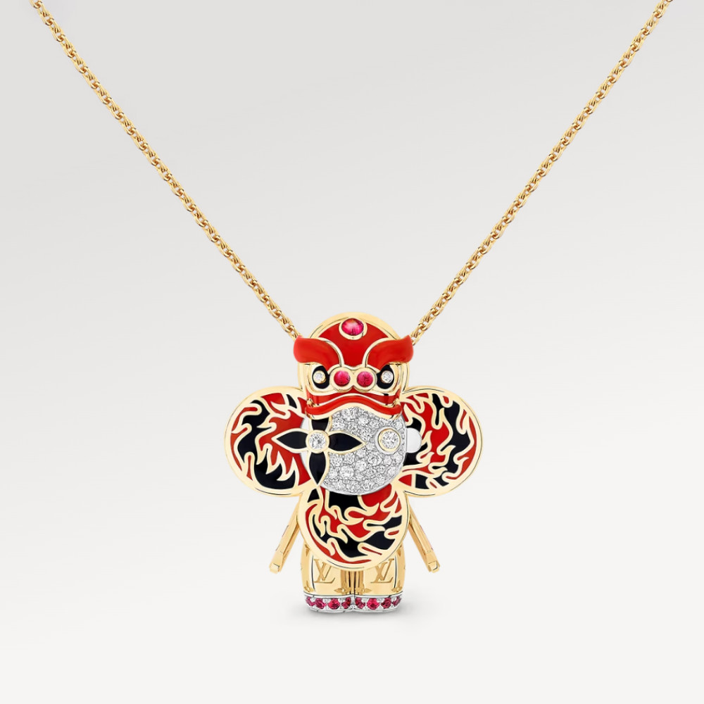 Vivienne Red Lion Dance Pendant, Yellow Gold, White Gold, Lacquer, Diamonds & Colored Stones Vivienne Red Lion Dance Pendant, Yellow Gold, White Gold, Lacquer, Diamonds & Colored Stones