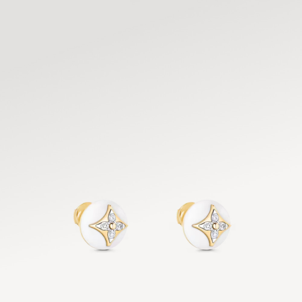 Color Blossom Studs, Yellow Gold, White Gold, White Agate And Diamonds