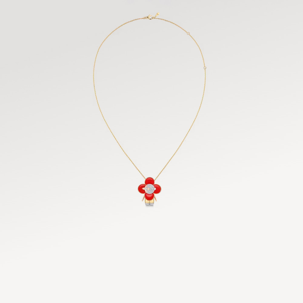 Vivienne pendant, 3 golds, red lacquer & diamonds