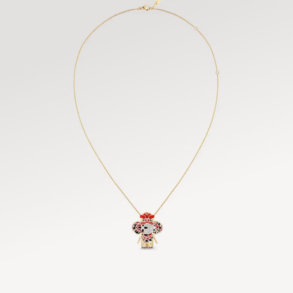 Vivienne Red Lion Dance Pendant, Yellow Gold, White Gold, Lacquer, Diamonds & Colored Stones