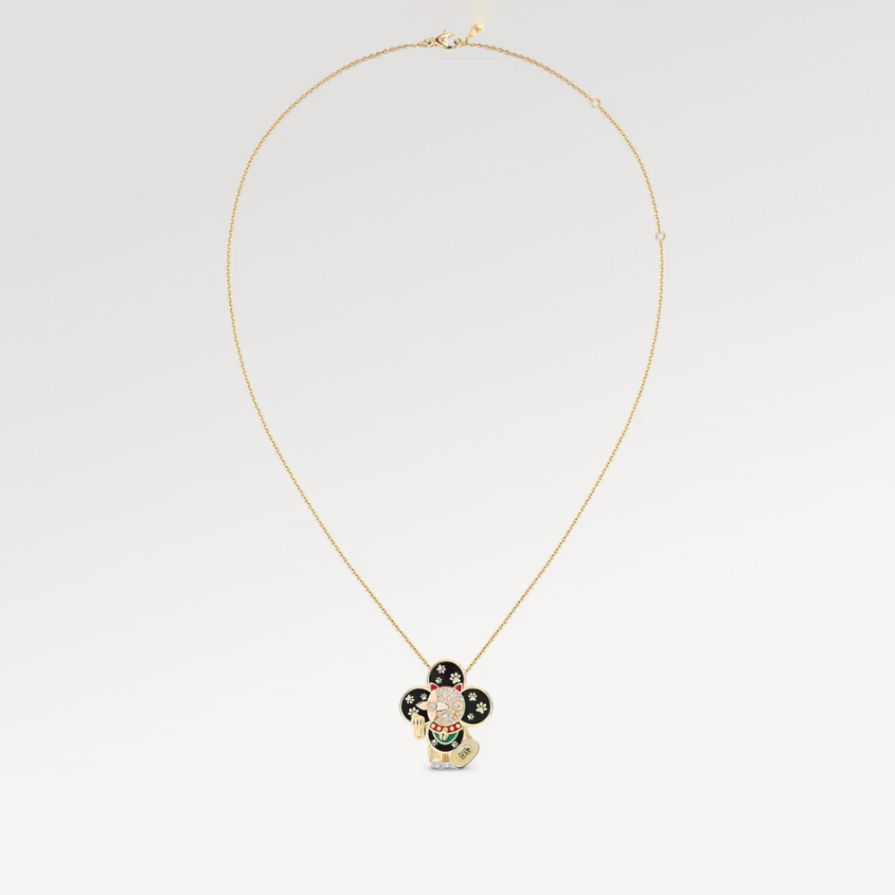 Vivienne Maneki Neko Pendant, 3 Golds, Lacquer & Diamonds