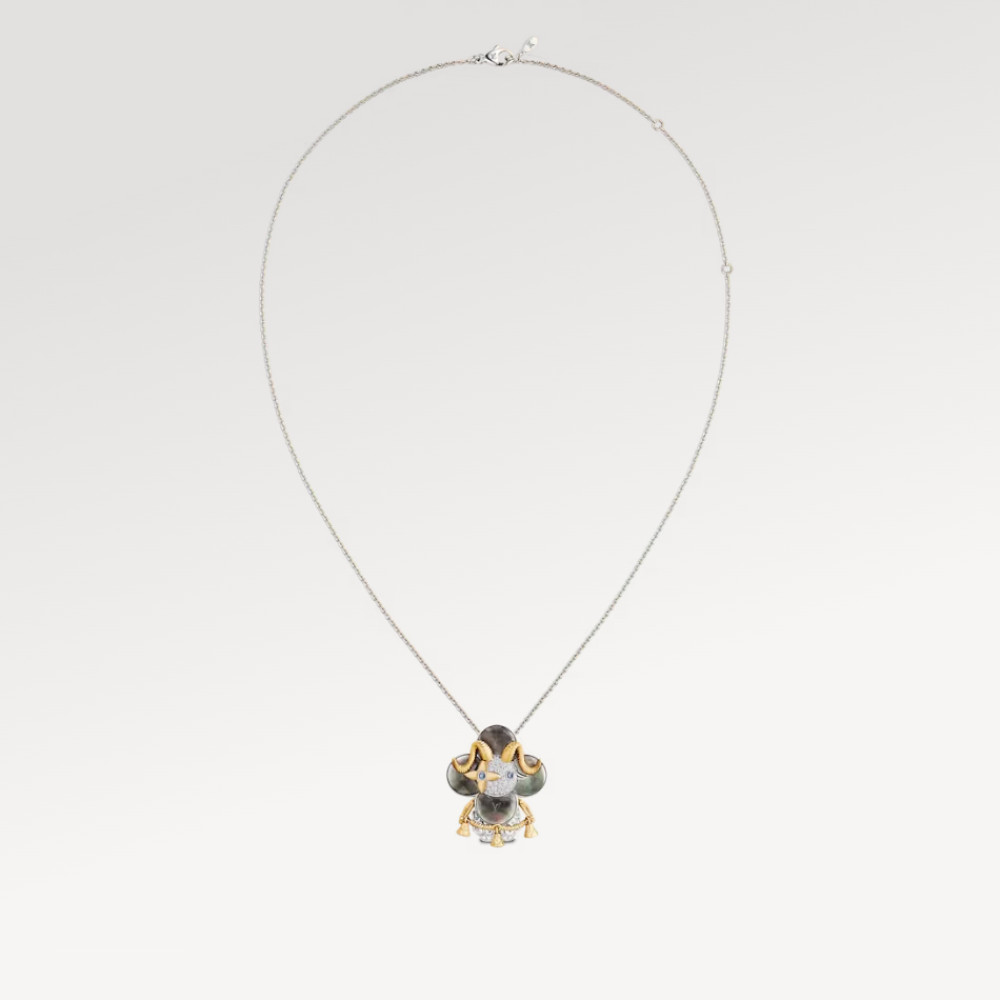 Vivienne Sheep Pendant, Yellow Gold, White Gold, Grey Mother-Of-Pearl, Diamonds & Colored Gemstones